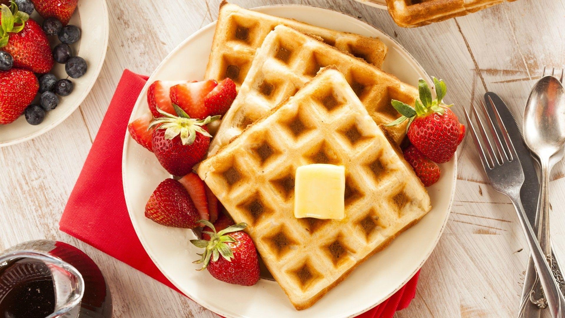 Waffeln, Erdbeeren, Dessert, Platte, 1920x1080 Full HD Desktop