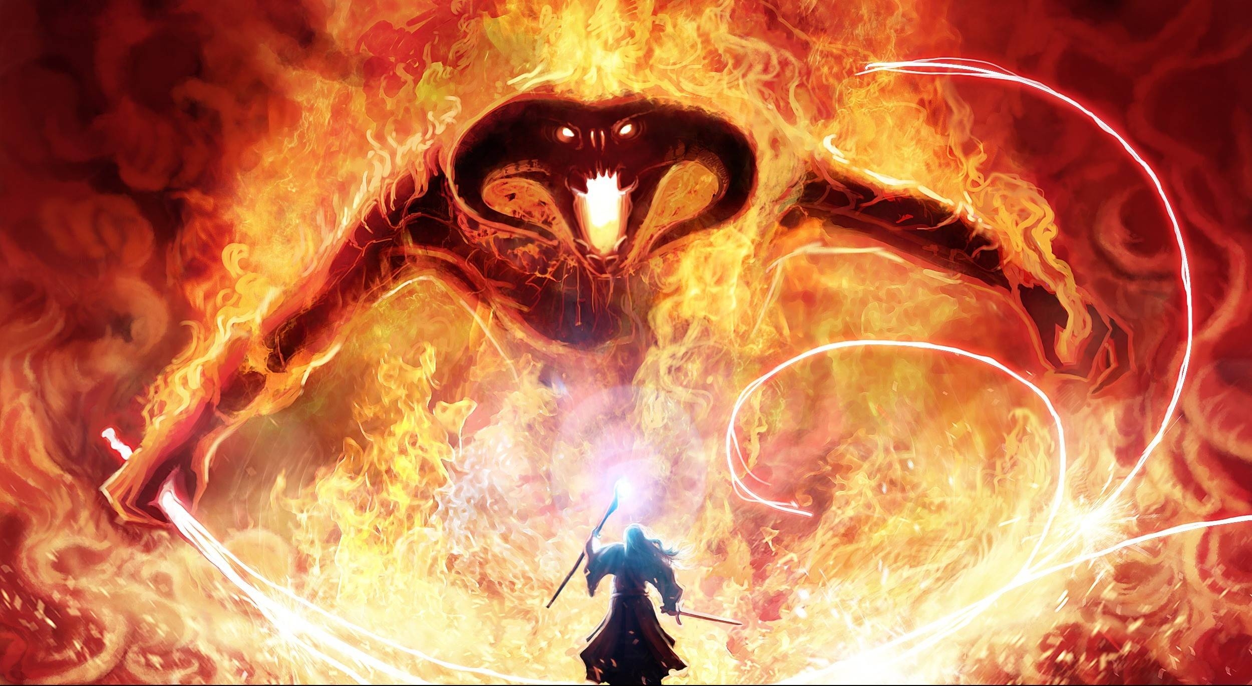 Gandalf, Balrog, Fantasy, Kampf, Tolkien, 2500x1370 HD Desktop