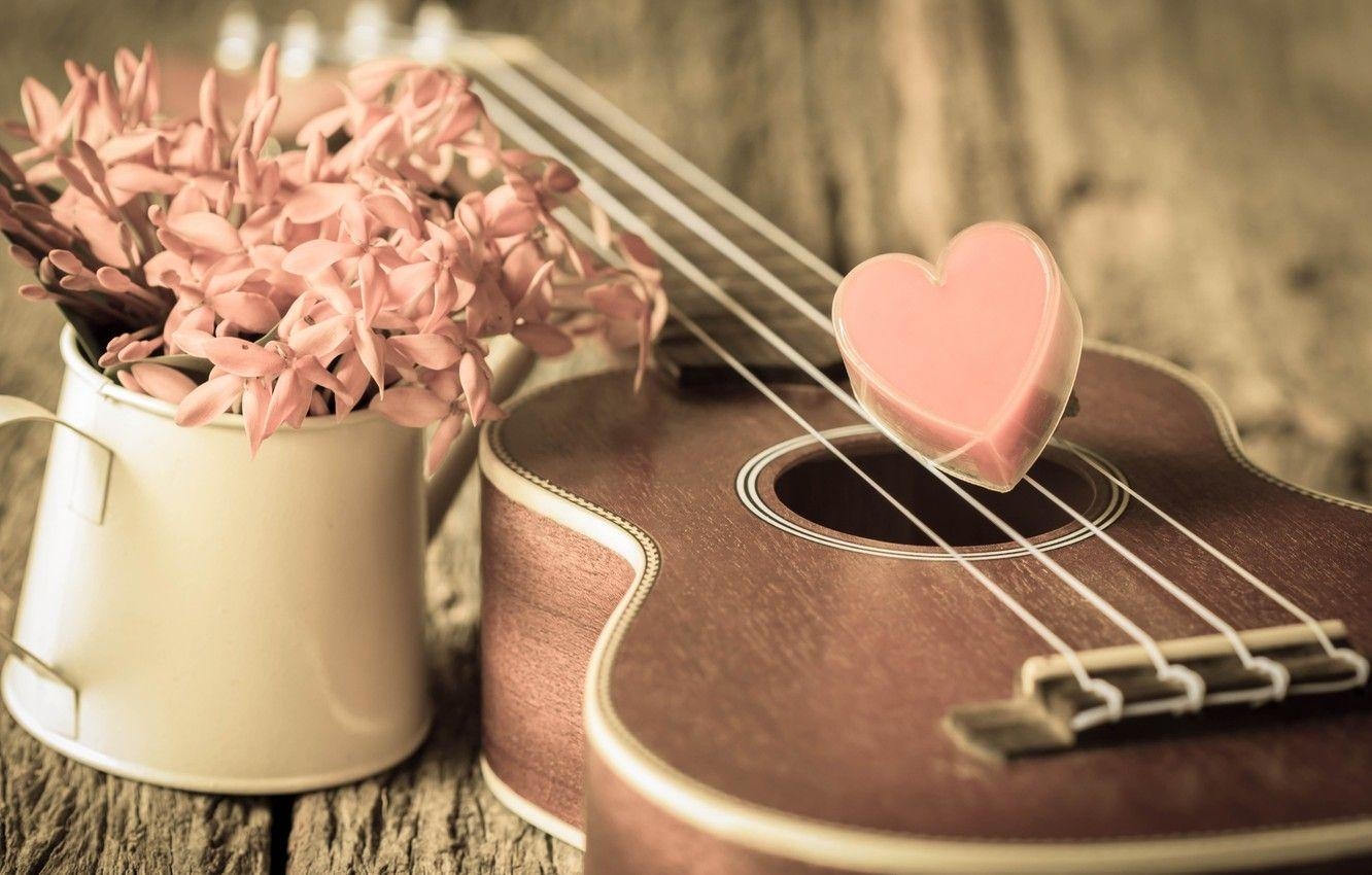 Romantisches Ukulele, Blumen, Herz, Vintage, Liebe, 1340x850 HD Desktop