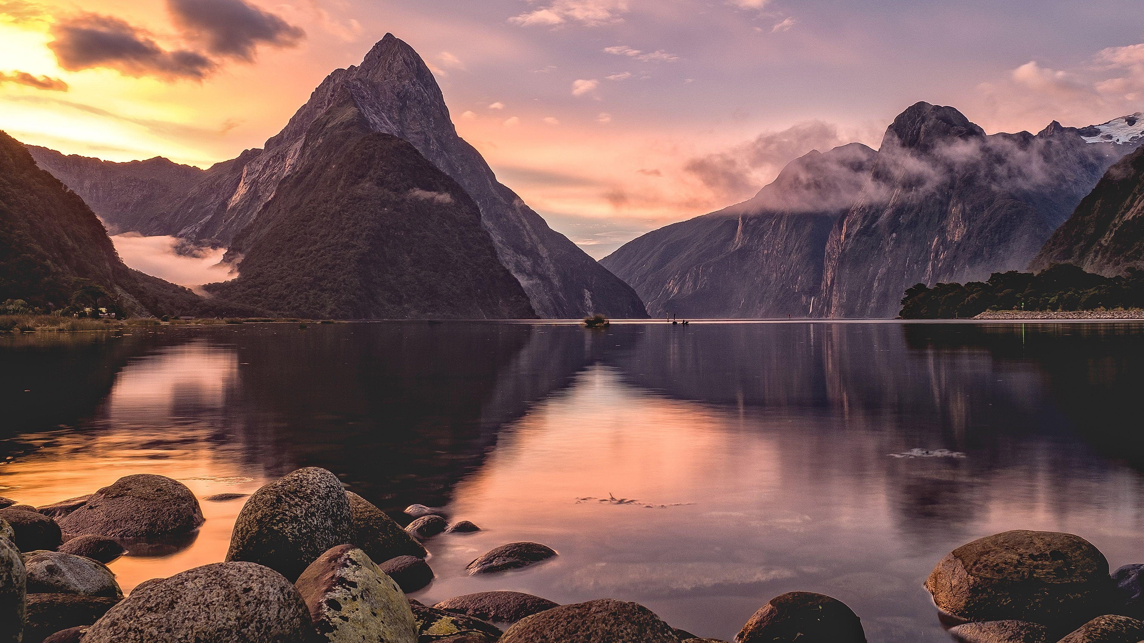 Milford Sound, Sonnenuntergang, Neuseeland, Natur, 4K-Qualität, 3840x2160 4K Desktop