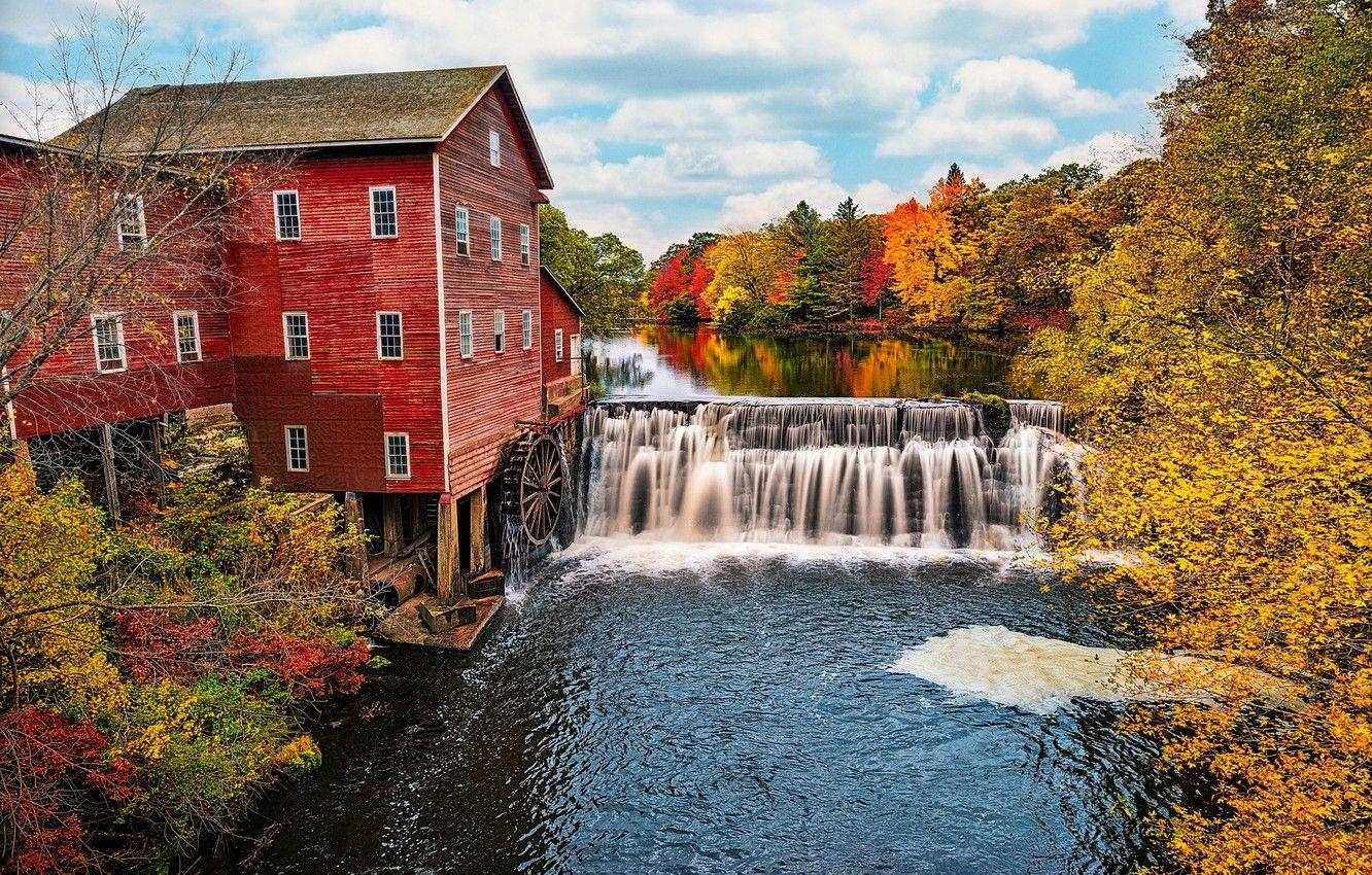 Herbstwald, Fluss, USA, Wisconsin, Landschaft, 1340x850 HD Desktop