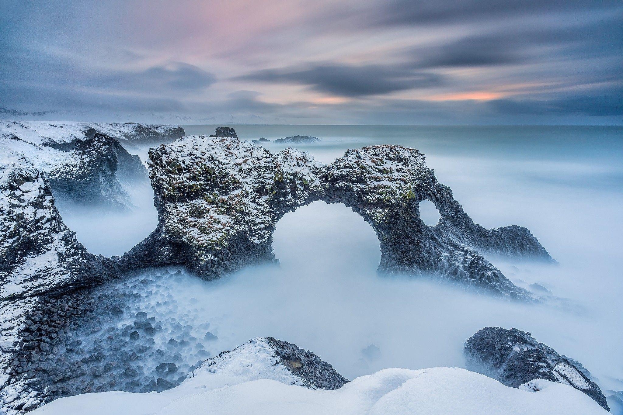 Island Reisen, Borgarfjörður, Fels, Meerbogen, Wolken, 2050x1370 HD Desktop