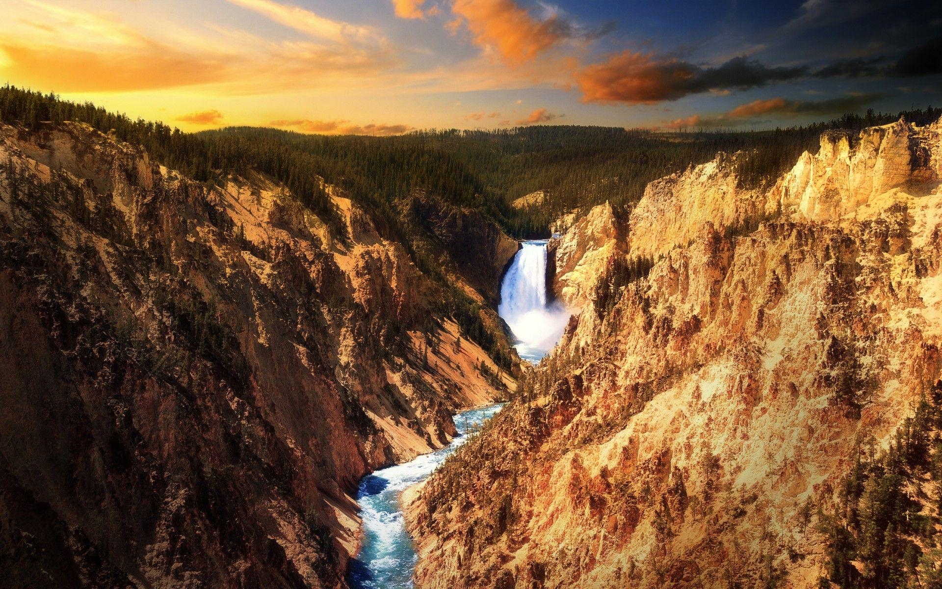 Yellowstone Nationalpark, Wasserfälle, Sonnenuntergang, HD, Reisen, 1920x1200 HD Desktop