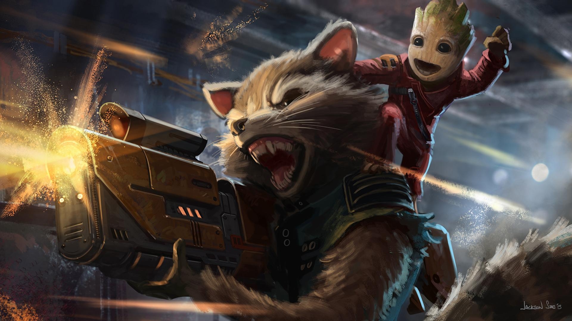 Baby Groot, Rocket, Raccoon, Kunst, Filme, 1920x1080 Full HD Desktop