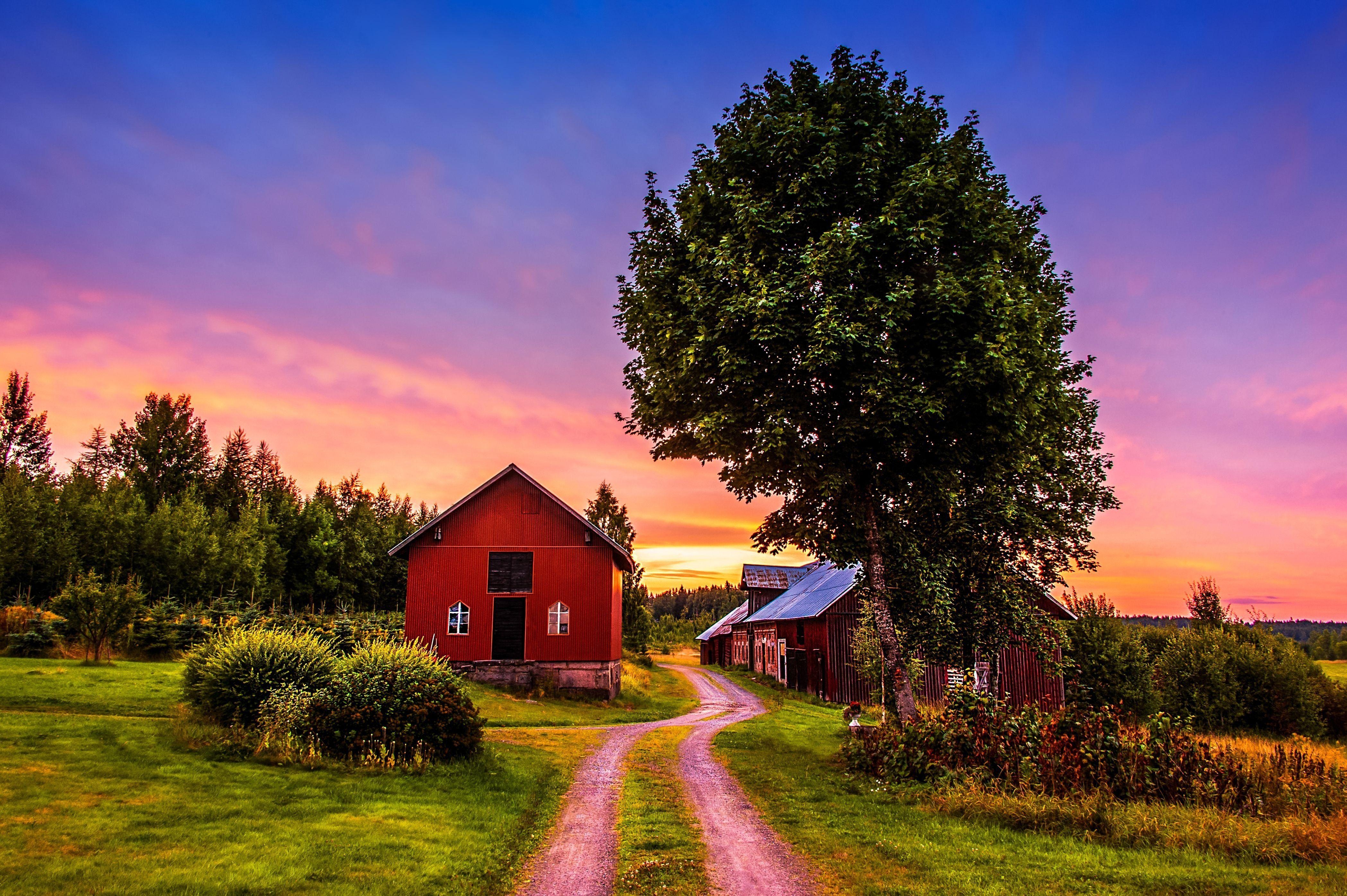 Sonnenuntergang, Bäume, Landstraße, rustikales Bauernhaus, 4200x2800 4K Desktop