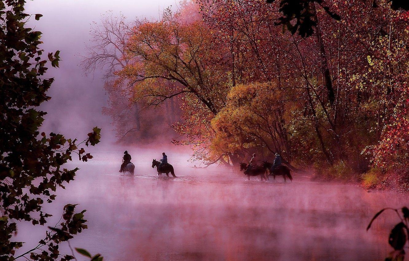 Herbst, Nebel, Fluss, Morgen, Missouri, 1340x850 HD Desktop