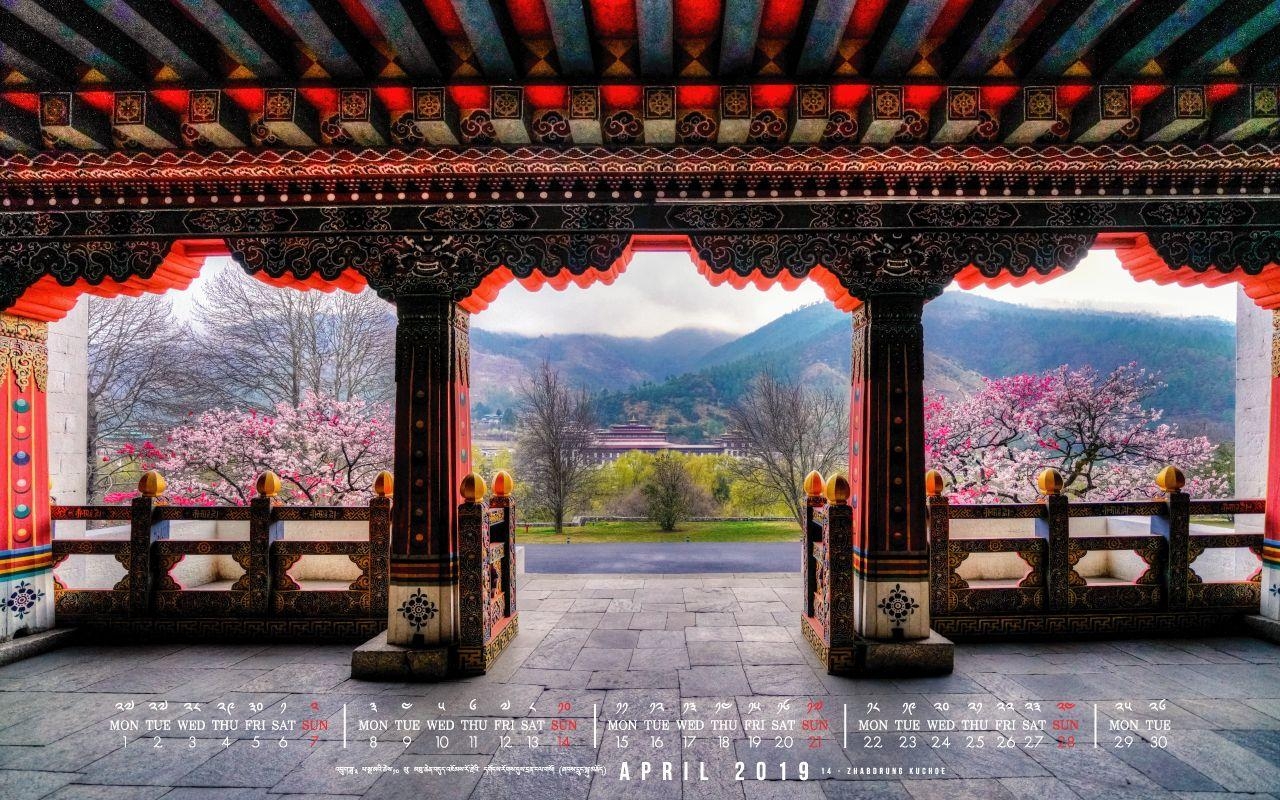 Desktop-Kalender, April, Bhutan, Asien, Landschaft, 1280x800 HD Desktop