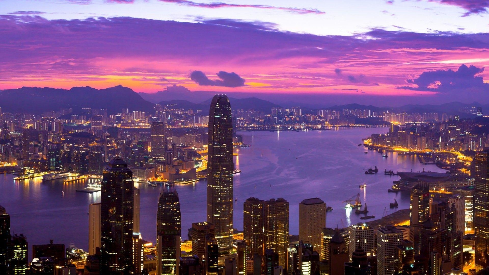 Hong Kong, Reisen, Skyline, Modern, Nachtansicht, 1920x1080 Full HD Desktop