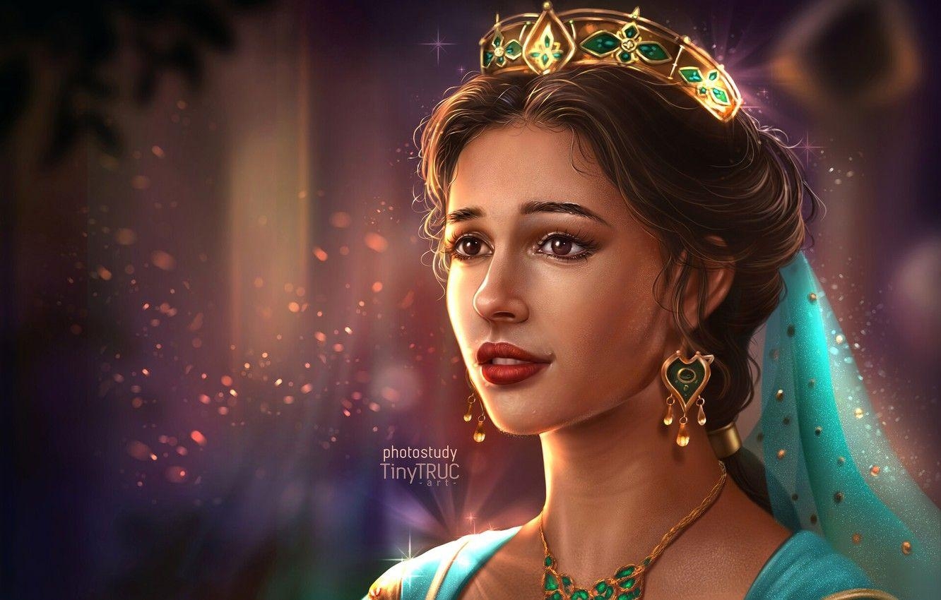 Mädchen, Krone, Prinzessin Jasmin, Naomi Scott, Aladdin, 1340x850 HD Desktop