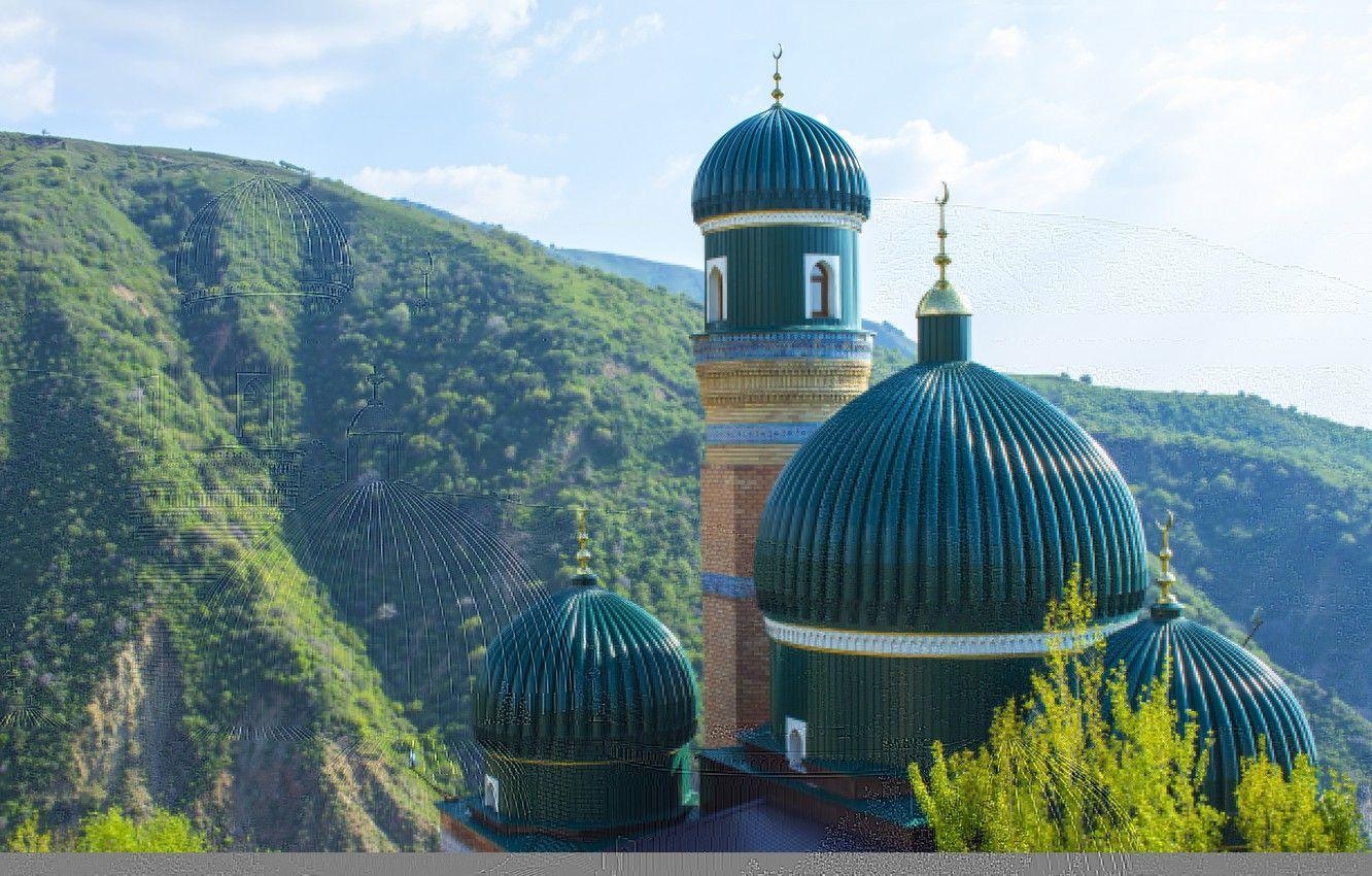 Usbekistan, Grüne Berge, Moschee, Berglandschaft, Kuppelaussicht, 1340x850 HD Desktop