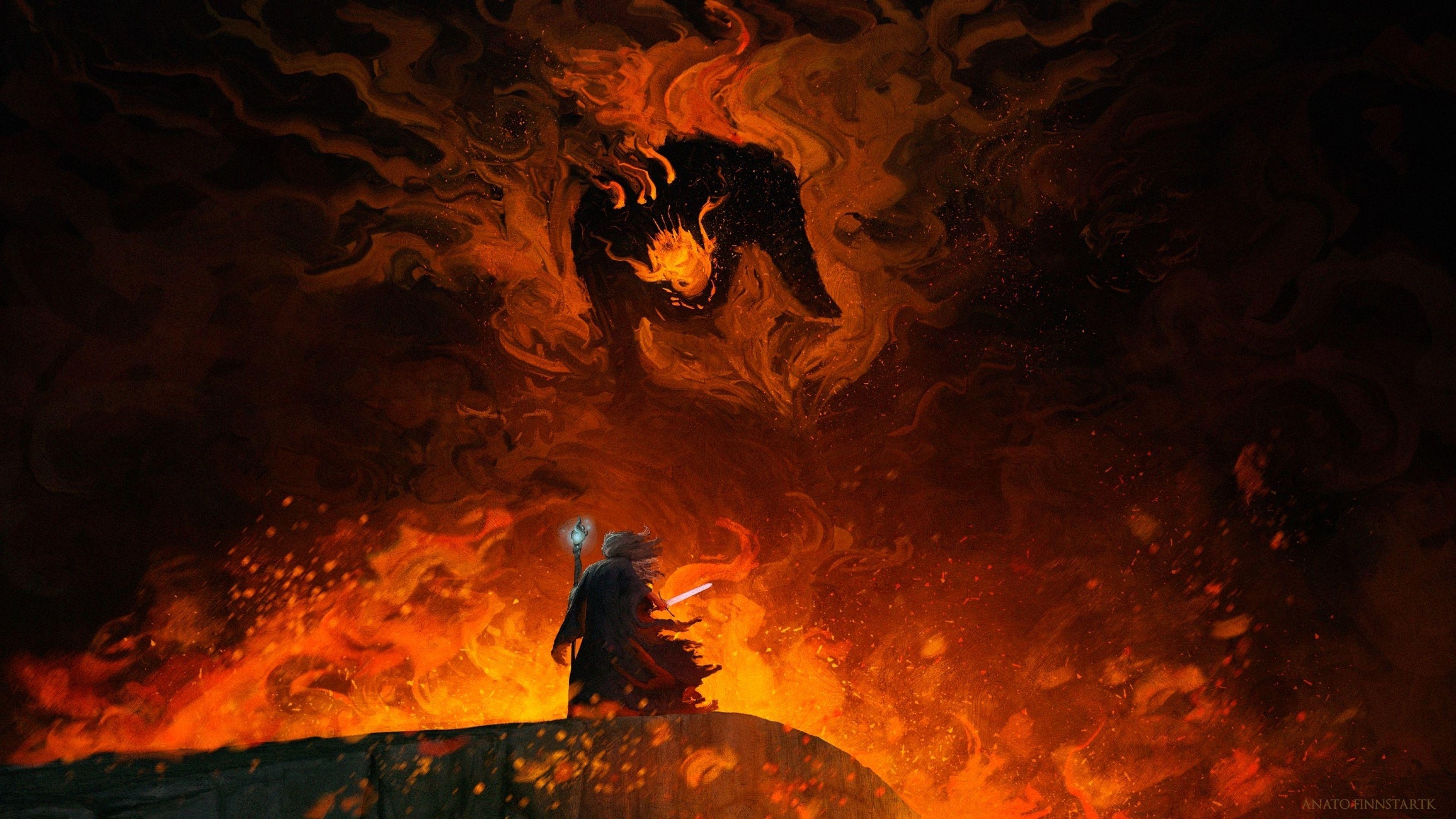 Gandalf, Balrog, Herr der Ringe, Kampfszene, Fantasy, 3840x2160 4K Desktop