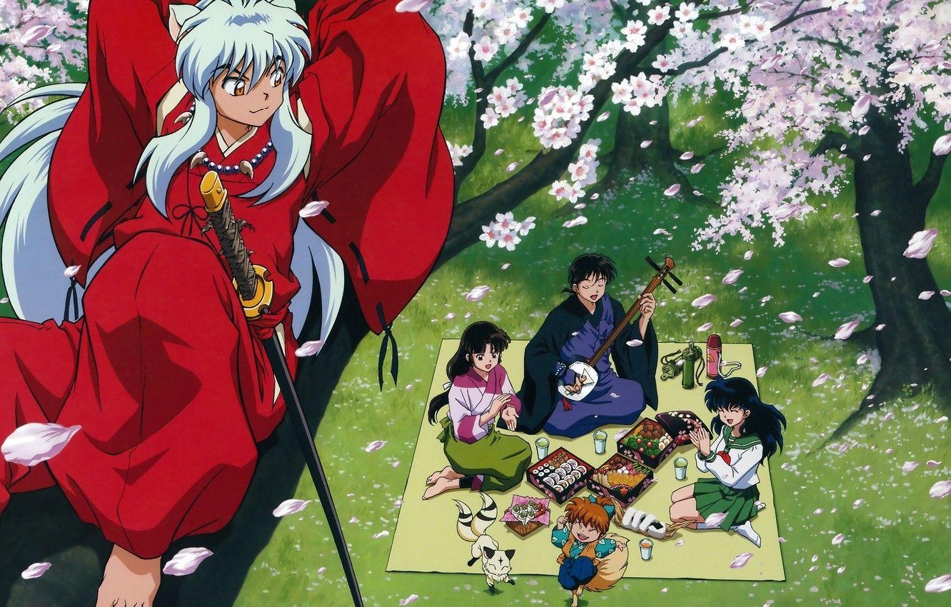 Kagome, Kirara, Inuyasha, Sango, Miroku, 1340x850 HD Desktop