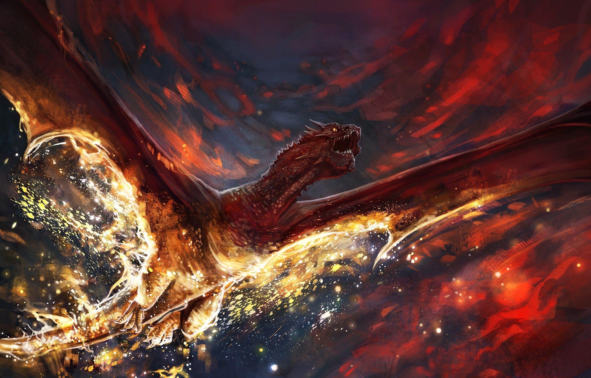 Smaug, Drache, Fantasy Kunst, Digital, Feuer, 2500x1600 HD Desktop