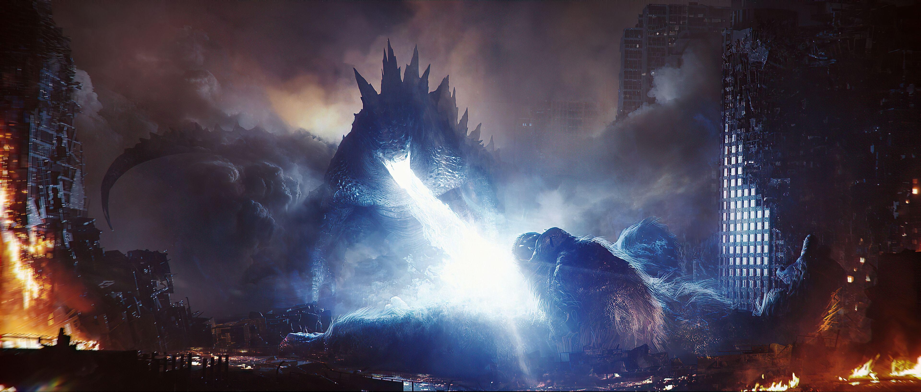 Godzilla, Kong, 2021, Fanart, Film, 3840x1640 Dual Screen Desktop