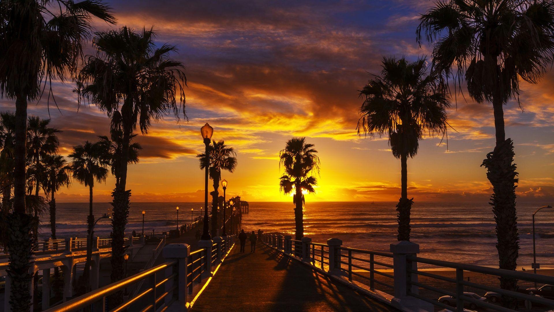 Sonnenuntergang, Oceanside Pier, San Diego, Kalifornien, Ozean, 1920x1080 Full HD Desktop