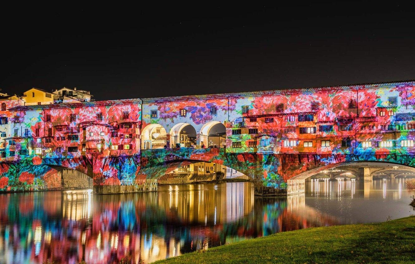 Ponte Vecchio, Nacht, Lichter, Italien, Sehenswürdigkeit, 1340x850 HD Desktop