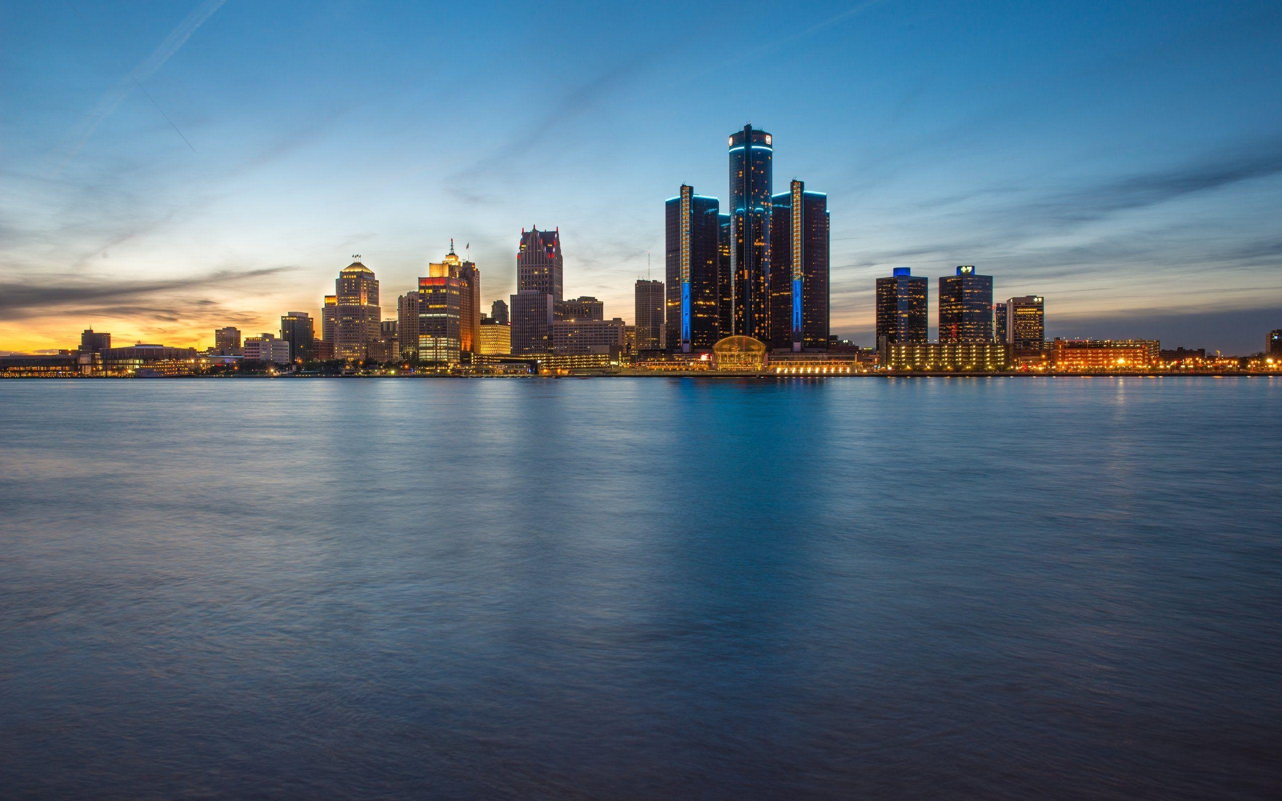 Detroit, Skyline, Blau Stunde, Abend, Michigan, 2560x1600 HD Desktop