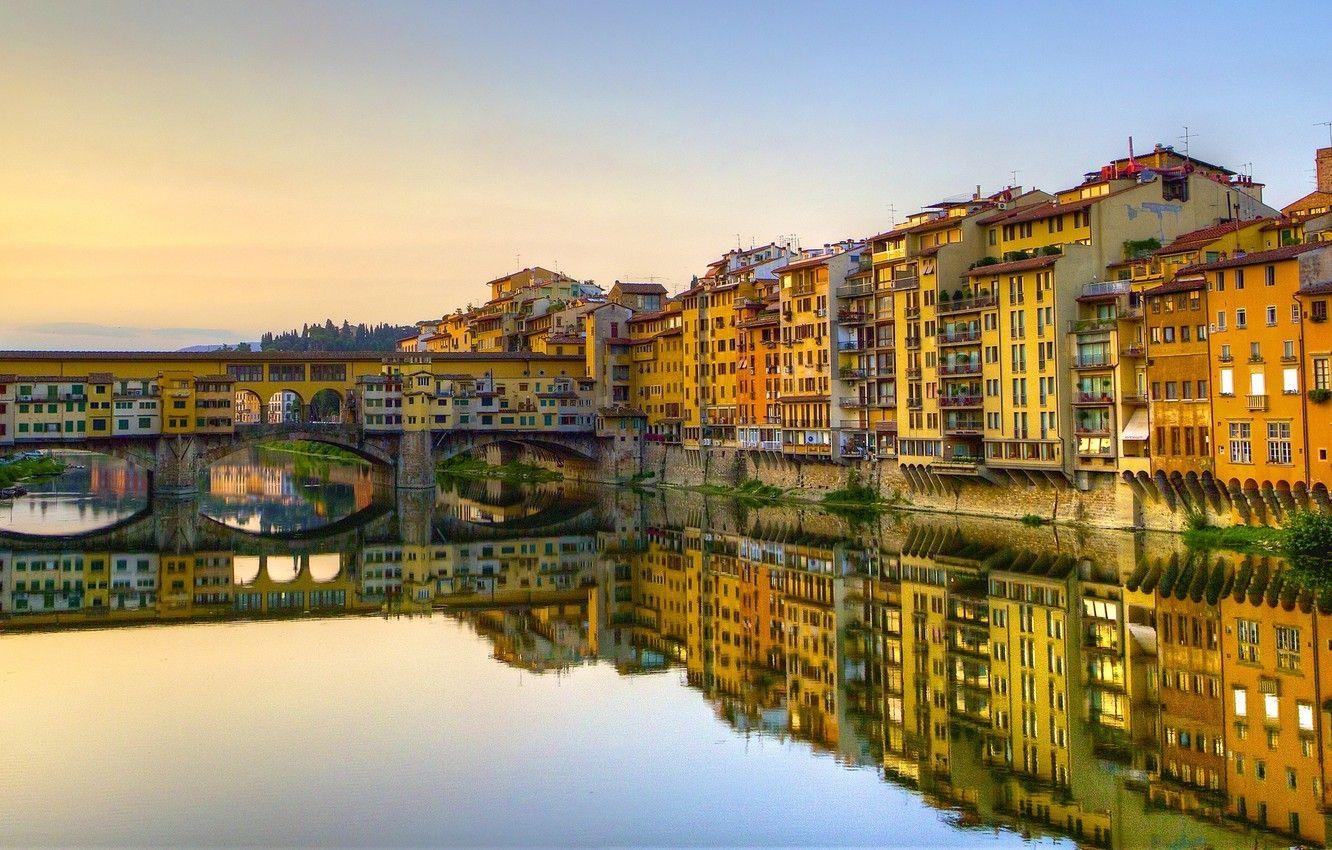 Ponte Vecchio, Spiegelung, Gebäude, Florenz, Italien, 1340x850 HD Desktop