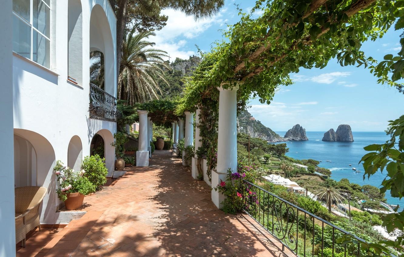 Meer, Berge, Italien, Balkon, Capri, 1340x850 HD Desktop