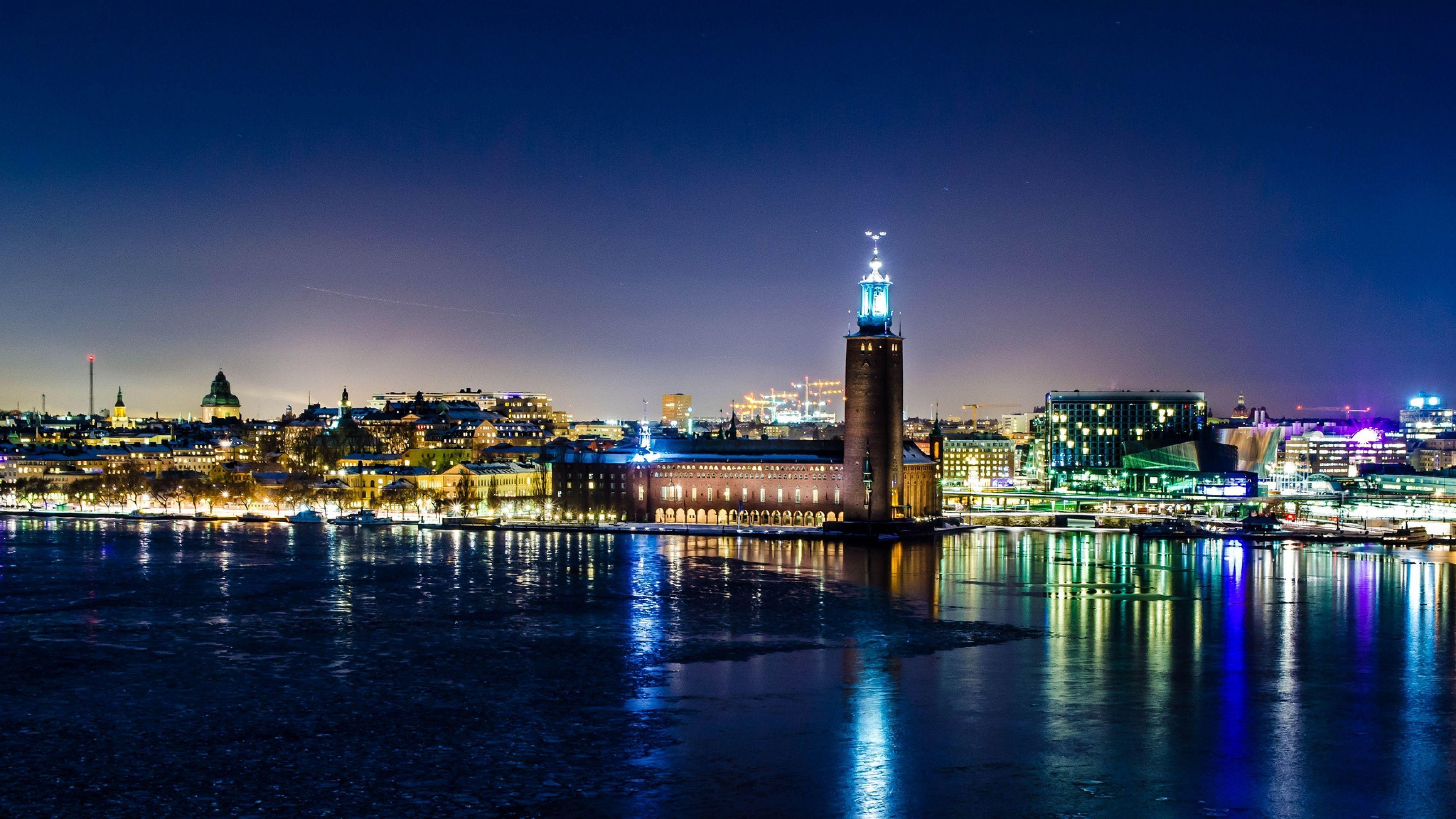 Stockholm, Winter, Nacht, Rathaus, Schweden, 3840x2160 4K Desktop