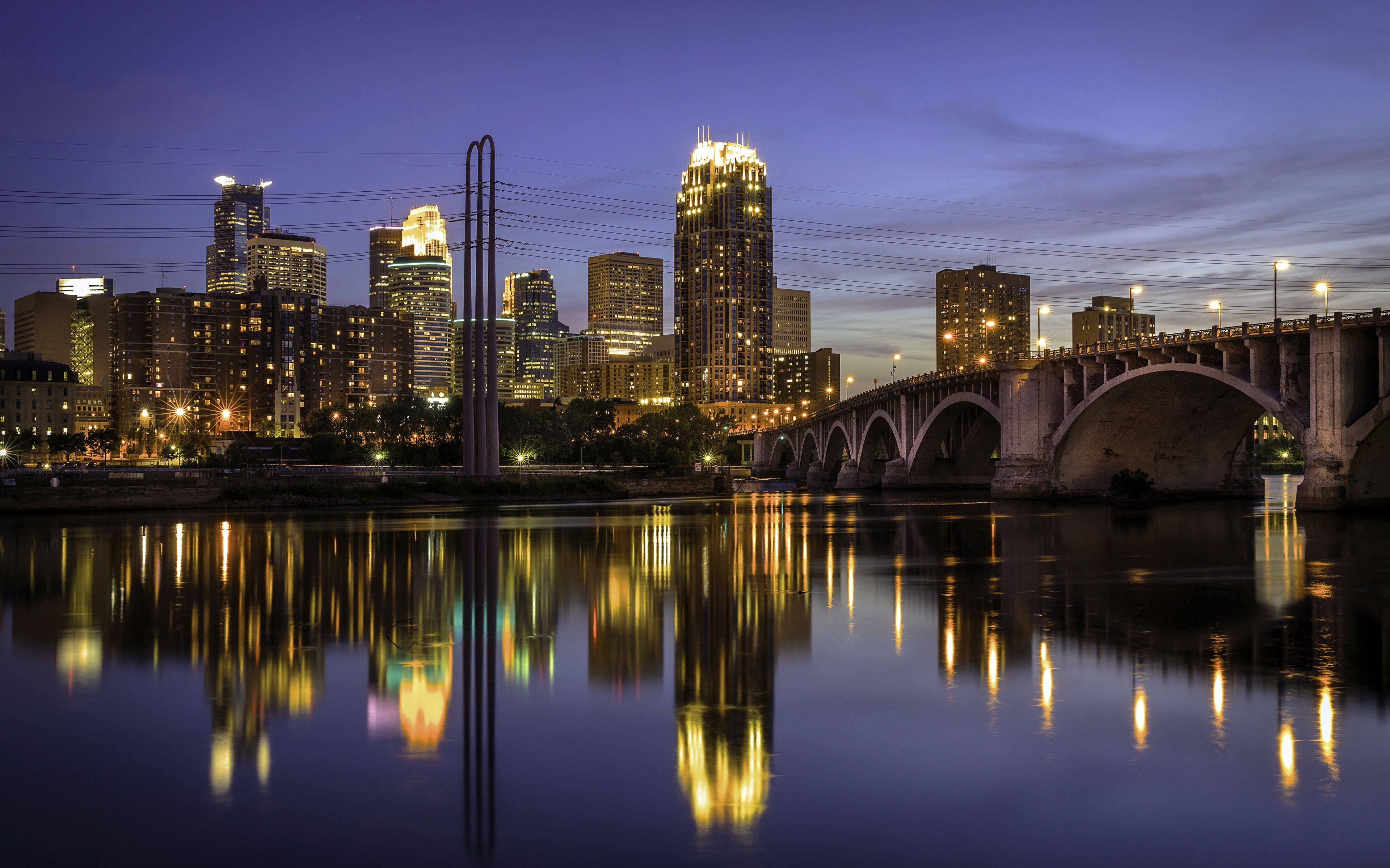 Minneapolis, Brücke, Fluss, Nacht, Desktop Hintergrund, 3840x2400 4K Desktop