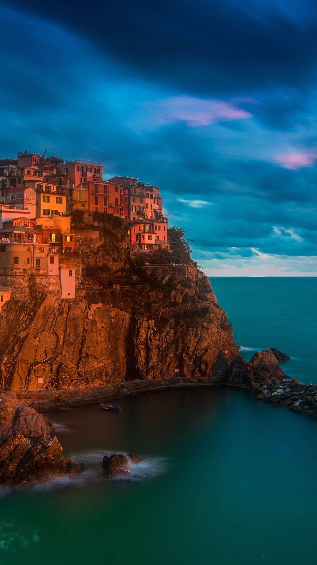 Italien, Manarola, Cinque Terre, Meer, Nachtlichter, 1080x1920 Full HD Handy