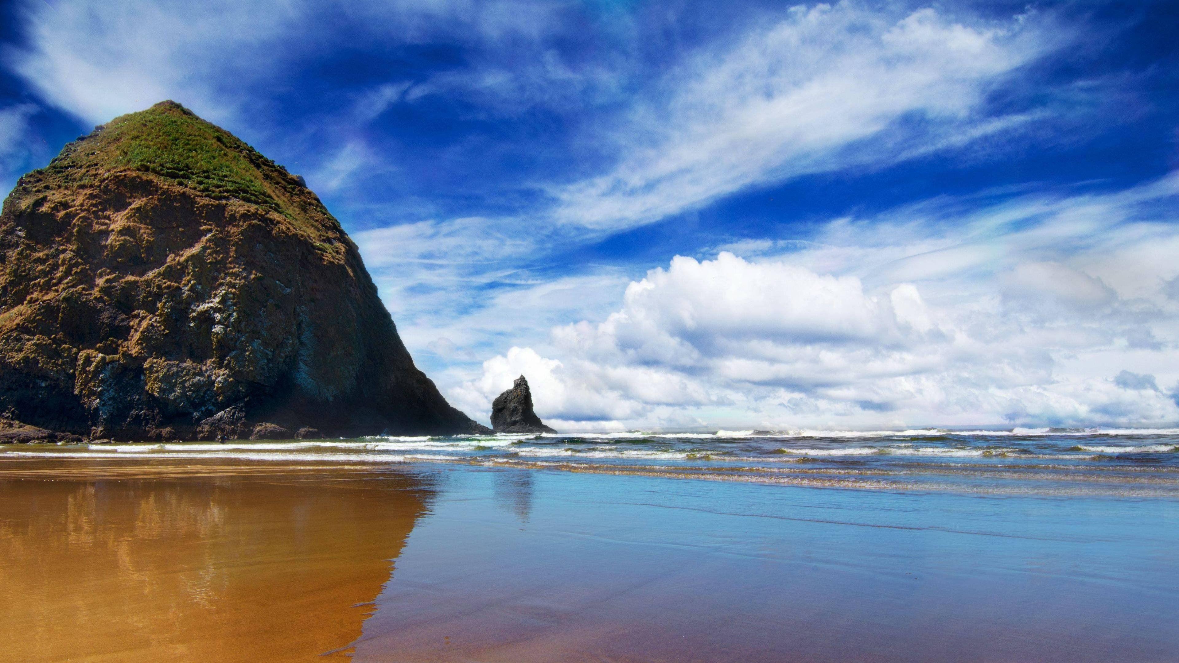 Haystack Rock, Strand, Oregon, 4K, Landschaft, 3840x2160 4K Desktop