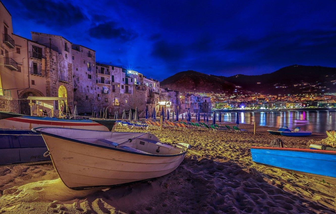 Sandstrand, Nachtlichter, Boot, Heimat, Italien, 1340x850 HD Desktop