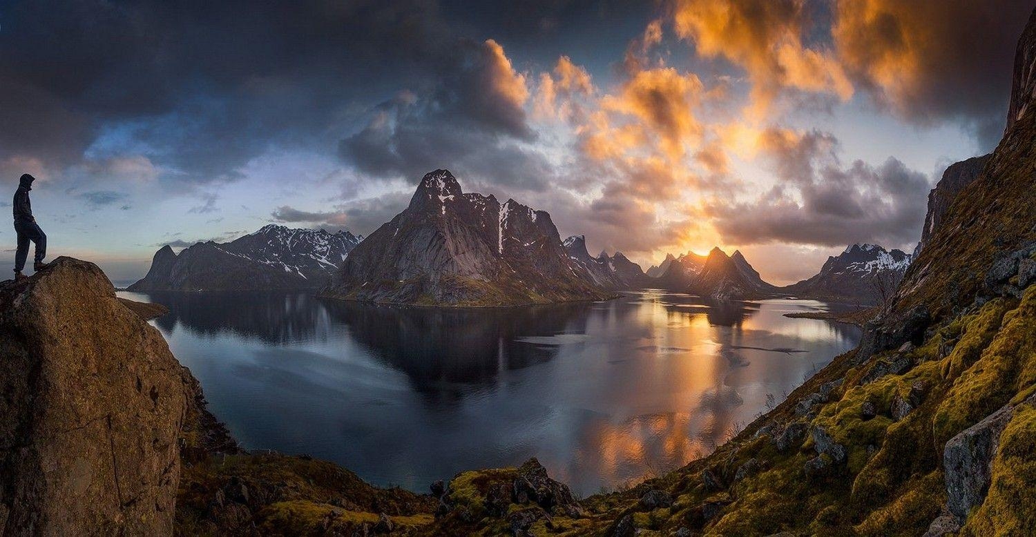 Natur, Landschaft, Lofoten, Norwegen, Sonnenuntergang, 1500x780 HD Desktop