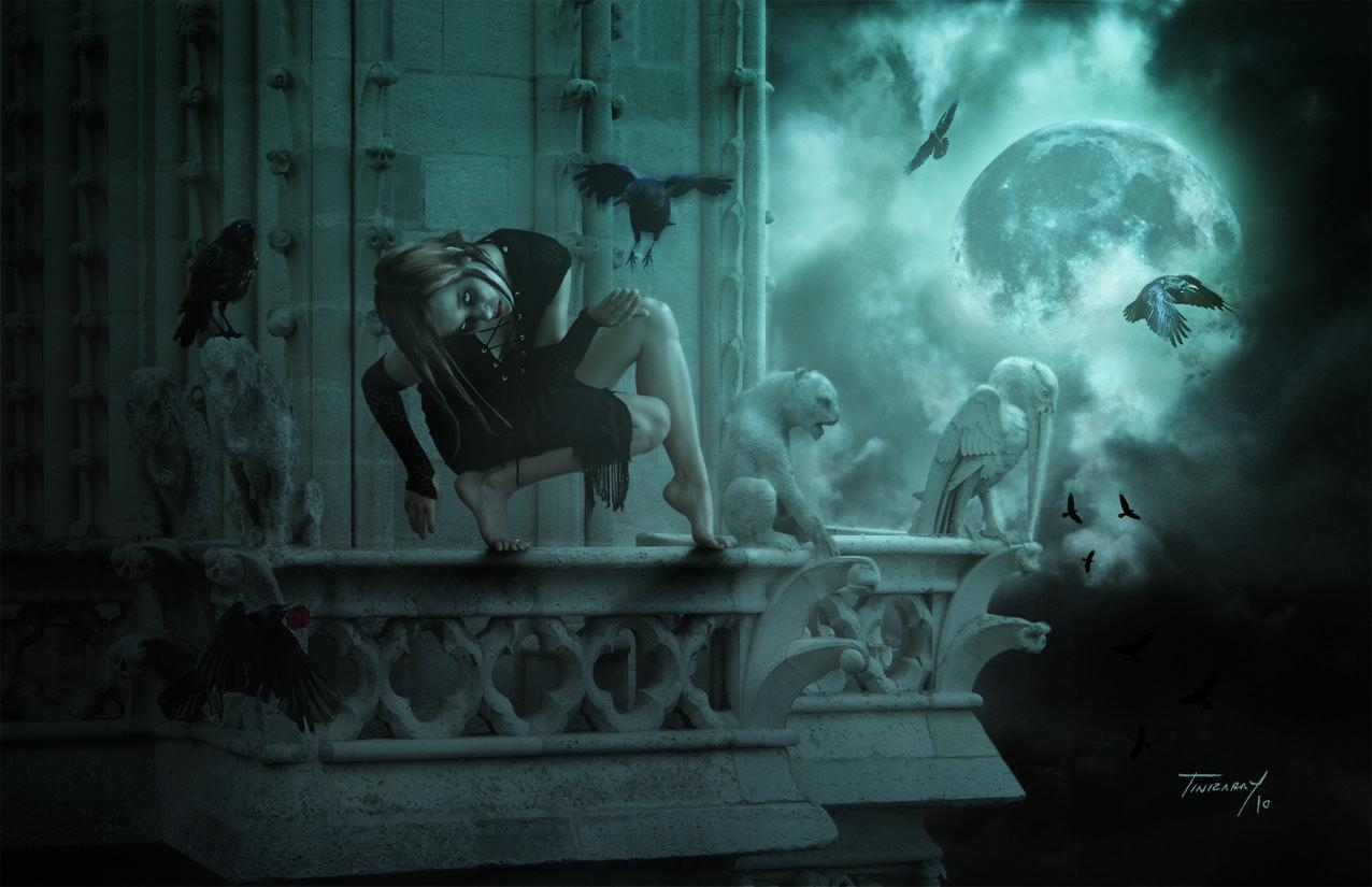 Mädchen, Dach, Vampir,Fantasie, Nacht, 1280x830 HD Desktop